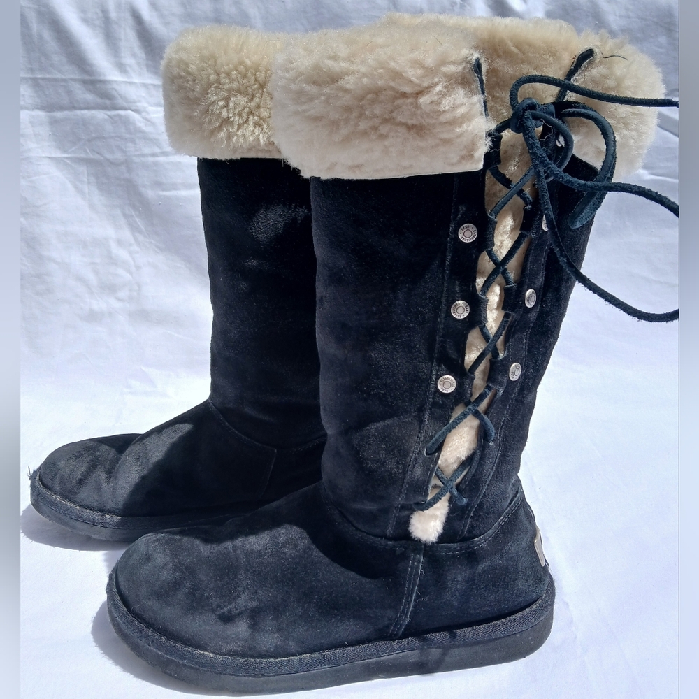 UGG Australia Upside Womens Black Leather Suede Boots Side Lace Sz 7